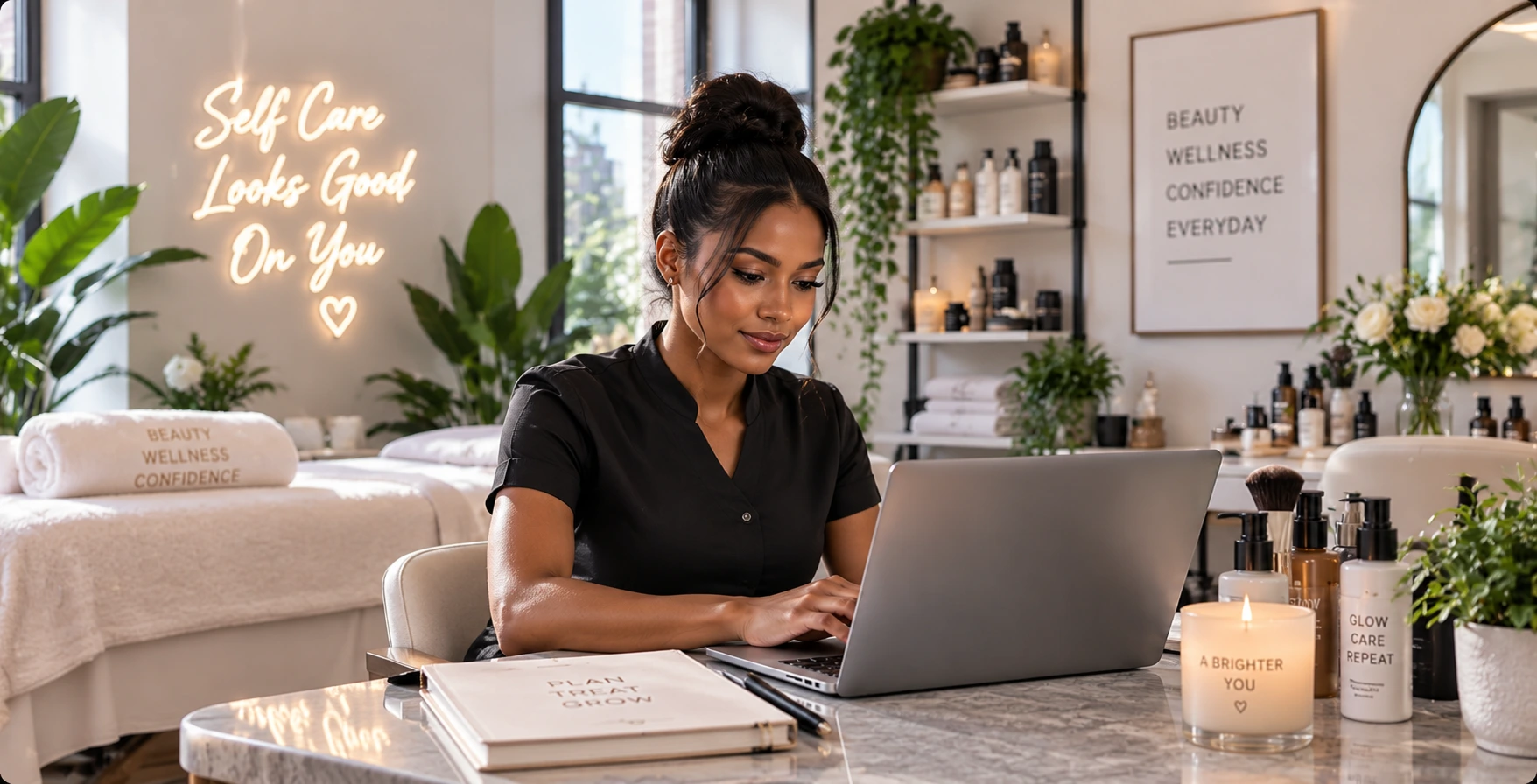 Beauty professional in a treatment setting managing client records