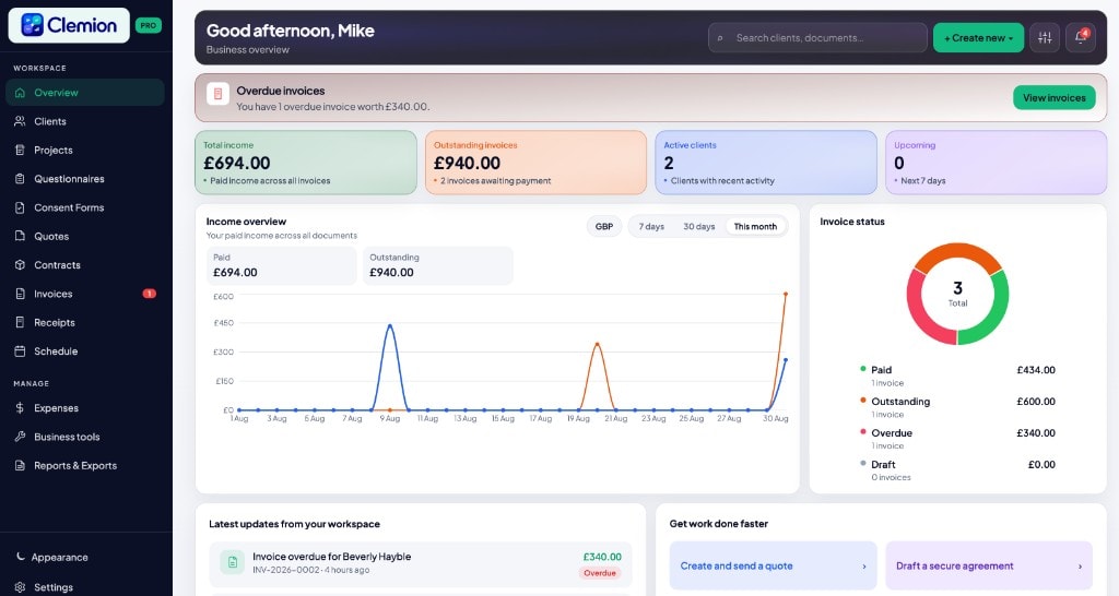 Clemion dashboard on the Web