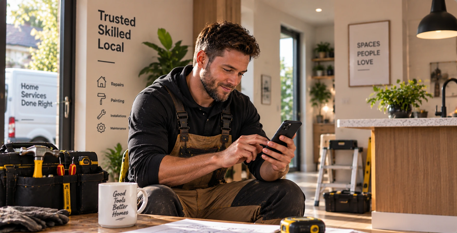 Trades professional on site with quote and invoice documents